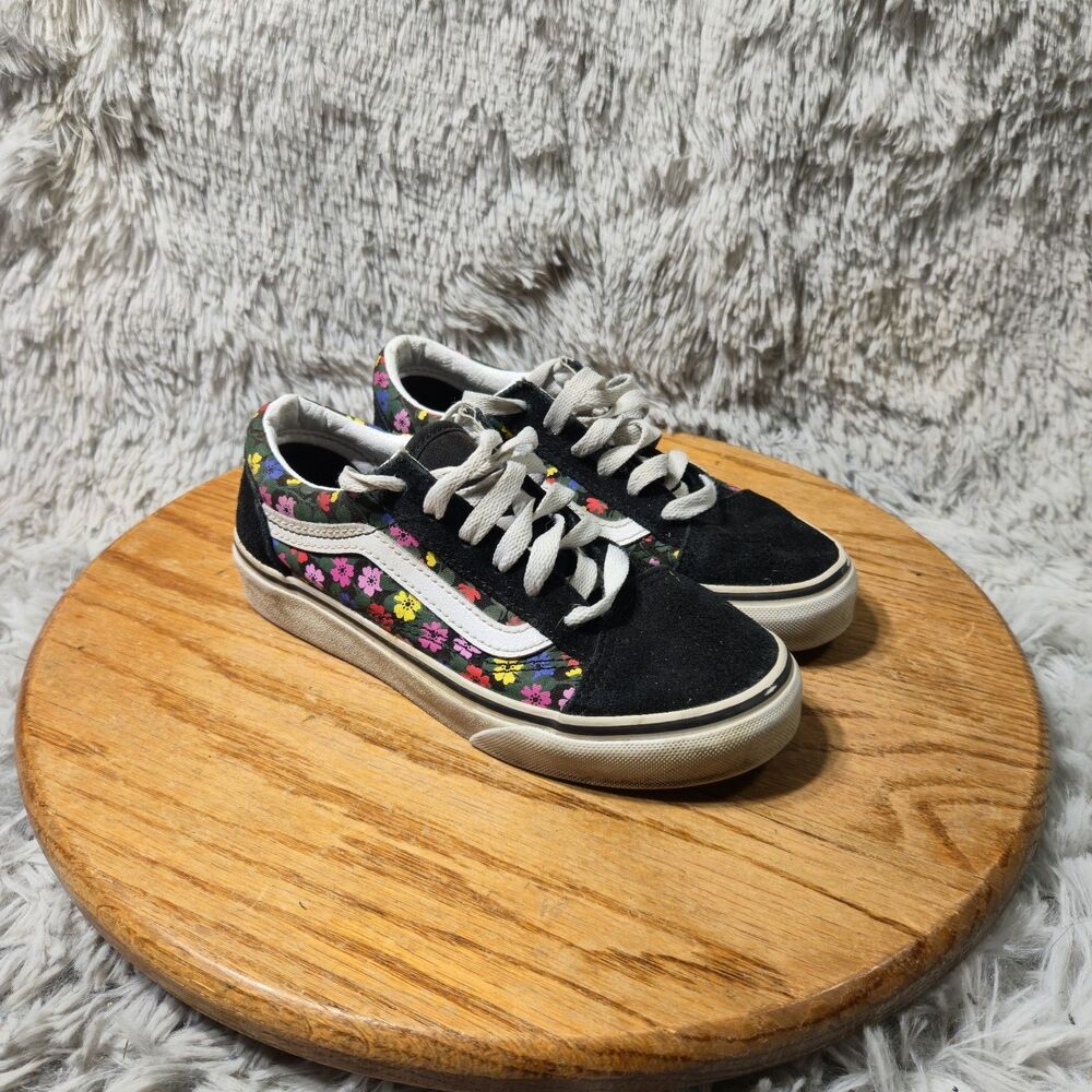Vans Old Skool Kids Black White Floral Canvas Skate Casual Athletic Shoes Size 2